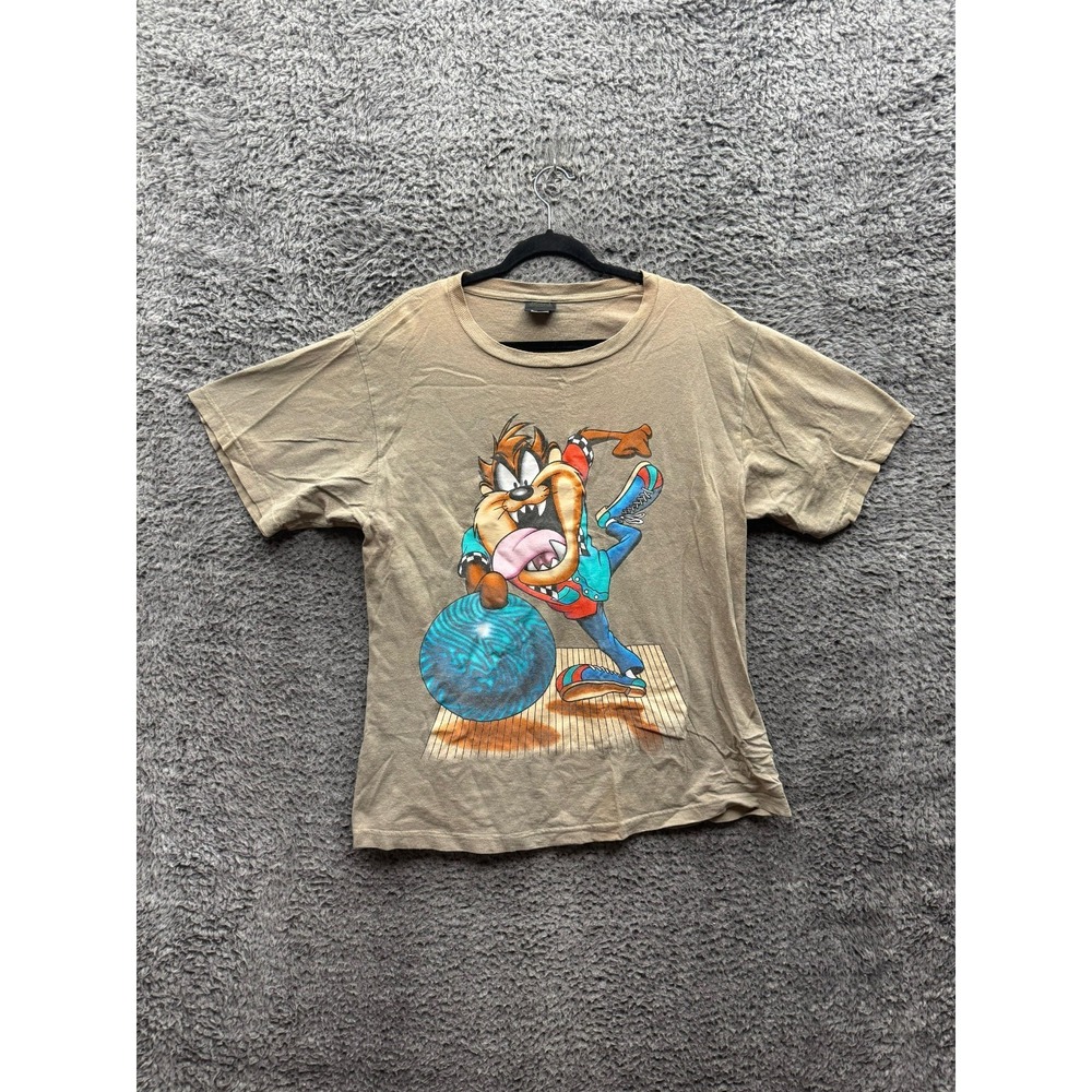 Vintage‎ 90s Looney Tunes Taz Tasmanian Devil Bowling Graphic Tee Brown Size L